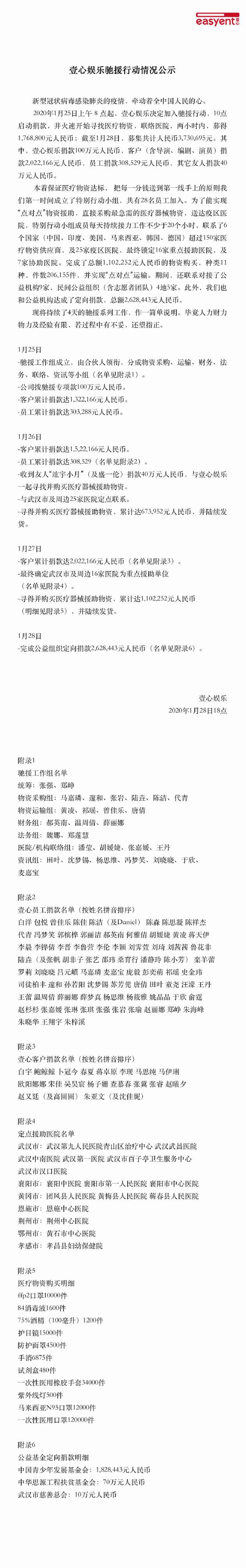 壹心娱乐公布驰援行动情况 李现白宇等加入